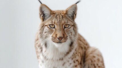 Fototapeta premium A Eurasian lynx with tufted ears and spotted fur, sitting in the center of the frame, white background, sharp detail, natural lighting, high-resolution photography