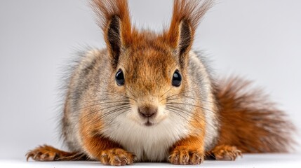 A Eurasian red squirrel with tufted ears, sitting centered on a pure white backdrop, detailed fur and eyes, studio lighting, high-resolution image
