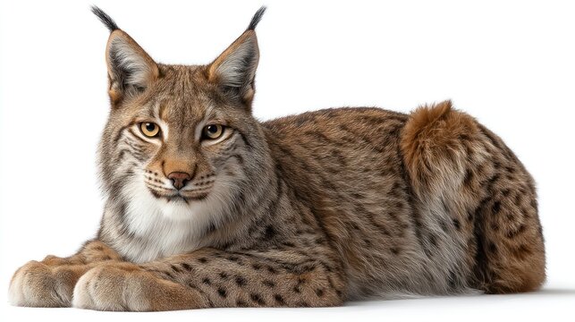 A Eurasian lynx with tufted ears and spotted fur, sitting in the center of the frame, white background, sharp detail, natural lighting, high-resolution photography