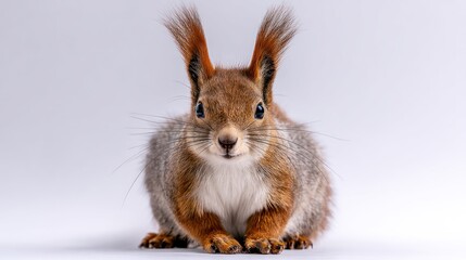 A Eurasian red squirrel with tufted ears, sitting centered on a pure white backdrop, detailed fur and eyes, studio lighting, high-resolution image