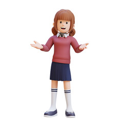3D girl character is standing with giving a presentation gesture