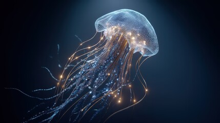 Ethereal Jellyfish Gliding Through Dark Waters with Glowing Tentacles and Bioluminescent Elegance in Underwater Scene
