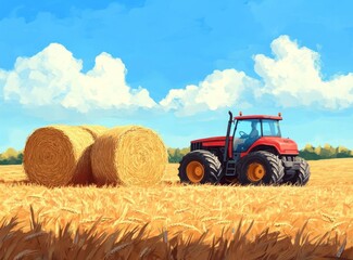Obraz premium Red tractor in golden wheat field with hay bales under a sunny sky.