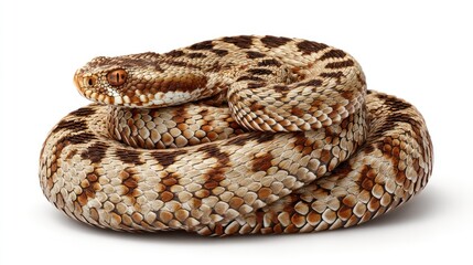 Obraz premium A European adder with zigzag pattern, coiled and sitting calmly in the center, white background, sharp focus, natural pose, studio-lit, photorealistic