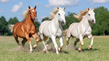 Obraz premium Horses running freely in a green field on a sunny day representing freedom and beauty