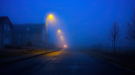 Foggy suburban street at twilight with illuminating lampposts.