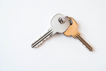 Close up shot of two keys on a silver keyring, one silver and one gold, on white background