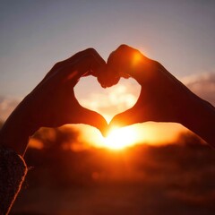 Hands forming heart shape at sunset golden hour romantic gesture love symbol silhouette warm light nature outdoors