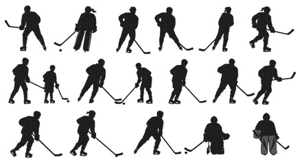 Naklejka premium Ice Hockey Players Silhouettes: Collection of 16 Action Poses