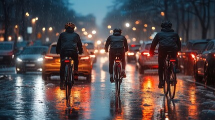 Three cyclists ride through a rainy city street at night, surrounded by cars and illuminated by colorful reflections on wet pavement.