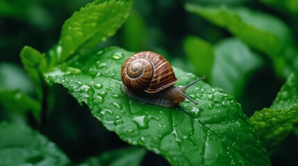 Snail on Green Leaf with Rain Drops in Lush Natural Environment