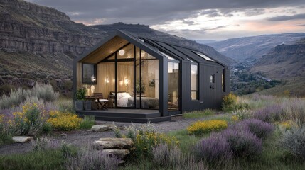Obraz premium Modern Cabin Retreat Serene Mountain Getaway at Dusk.
