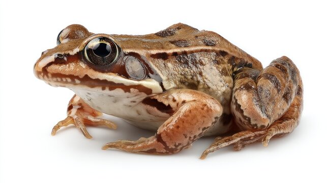 A European common frog with smooth skin, sitting with legs folded, centered on a white background, sharp focus, studio-lit, realistic detail
