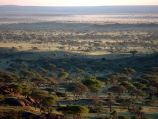 Obraz premium Aerial View of Serengeti Plains Landscape with Acacia Trees at Dawn in Tanzania East Africa