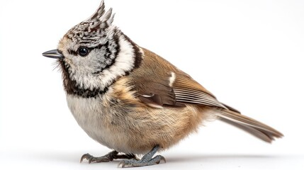 A European crested tit with distinctive head feathers, sitting upright in the center of a white background, soft feather texture, studio-lit, high-detail, photorealistic