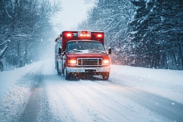 An ambulance drives through a snowy forest road during heavy snowfall, responding to an emergency in harsh winter conditions.