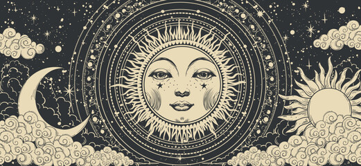 Mystical celestial astrology banner with sun and moon with face, vector esoteric poster of zodiac, horoscope, tarot. Creation of the Universe with clouds, stars and sun.