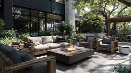 Obraz premium Relaxing Outdoor Lounge Fire pit with seating, and modern landscape design.