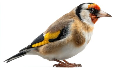 A European goldfinch with vibrant plumage, sitting attentively in the center, isolated on a white background, studio lighting, realistic detail