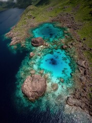 Obraz premium Aerial view of tropical lagoon with turquoise water surrounded by rocks and lush green mountains in Fernando de Noronha Brazil