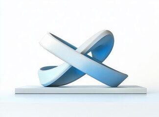 smooth abstract blue and white twisted loop sculpture on white rectangular platform in minimalistic setting