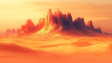 Naklejka premium Sunrise over a vibrant desert landscape, dramatic mountain range