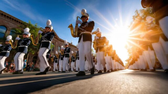 Marching band performing in a street parade under bright sunlight