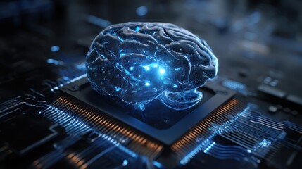 Concept of Artificial Intelligence Illustrating a Brain Design on a Digital Chip with Glowing Lights and Technology Elements