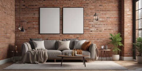 Cozy living room, poster mockup on brick wall with clips,  comfortable,  white brick,  living room