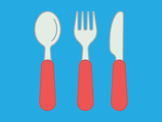 Cutlery Set Illustration – Spoon, Fork, and Knife with Red Handles on Blue Background in Flat Kitchenware Design for Dining or Cooking Themes
