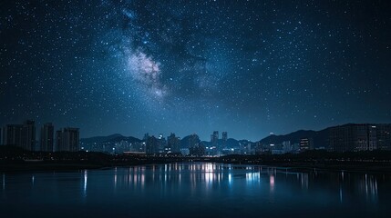 Nocturnal cityscape reflected in a tranquil river beneath a starry sky.