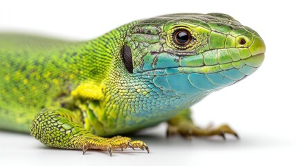 A European green lizard with vibrant coloration, sitting attentively in the center, isolated on a white background, studio lighting, realistic detail