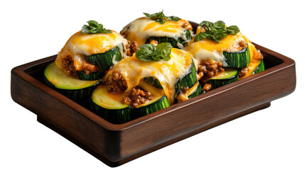 A delicious dish of zucchini slices topped with meat sauce and melted cheese served on a wooden tray now.