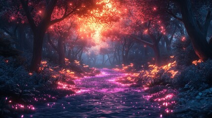 Enchanted forest path bathed in ethereal light