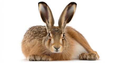 A European hare with long ears, sitting gracefully, centered on a clean white backdrop, detailed fur texture, neutral lighting, high-resolution image