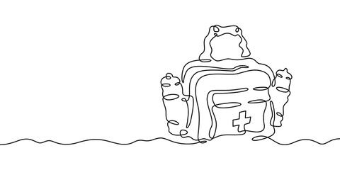 Continuous one line drawing medical bag. Bag with a cross. Doctor's bag. One continuous line isolated minimal illustration.Not AI.