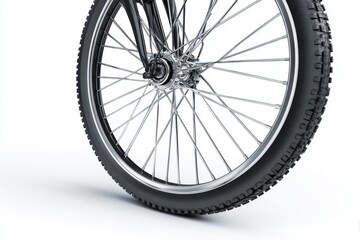 Naklejka premium Bicycle wheel close up on white studio background showing spokes rim and tire detail for transportation or recreation