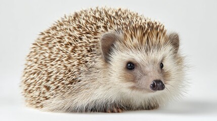A European hedgehog curled up slightly, sitting in the center, white background, high-resolution, detailed spines, studio lighting