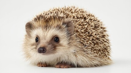 A European hedgehog curled up slightly, sitting in the center, white background, high-resolution, detailed spines, studio lighting