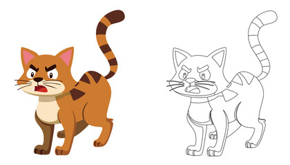 Obraz premium An angry cartoon cat with a striped tail and a furrowed brow, exuding a sense of animated hostility, complemented by a black and white line drawing outline