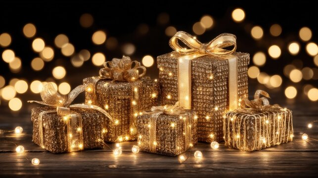 Close-up of wrapped holiday presents with glowing string lights in a cozy, warm background setting.