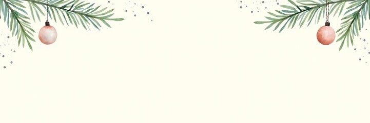 Elegant Christmas decorations, a minimalist holiday backdrop, adorned with hanging ornaments and subtle glitter. Christmas background, christmas banner.