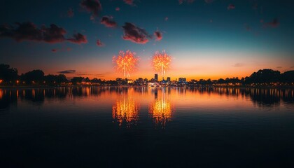 Fototapeta premium Fireworks reflection on water, city skyline at sunset