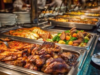 Obraz premium Buffet food selection at restaurant featuring chicken fish vegetables in trays at eye level