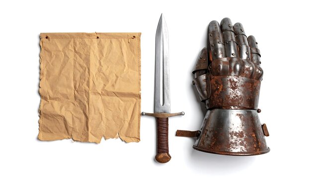 Still life composition featuring crumpled paper, a medieval sword, and a metal gauntlet on a white background