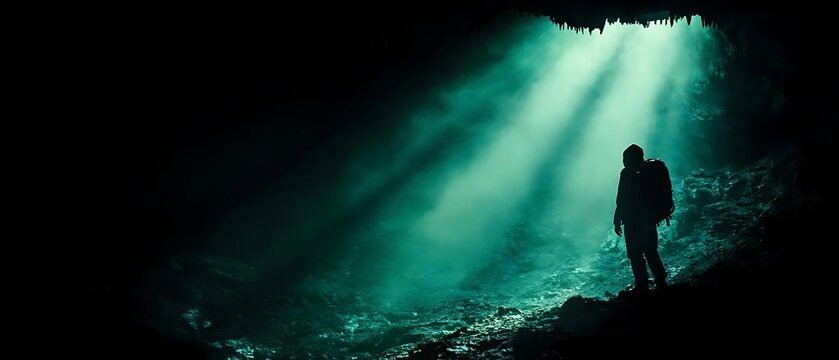 Lone explorer in dark cave, light rays