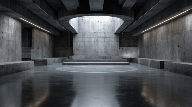Modern, concrete interior space with elevated platform - Powered by Adobe