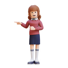 3D girl character is pointing to the right
