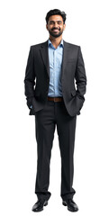 Photorealistic studio portrait of a confident, approachable South Asian non-binary person in charcoal pinstripe suit, light blue shirt, full body. Ideal for business, professional diversity,