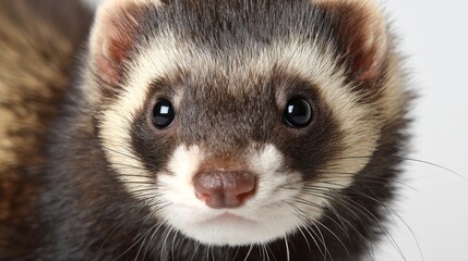 A European polecat with dark mask-like facial markings, sitting in the center of the frame, white background, sharp detail, natural lighting, high-resolution photography
